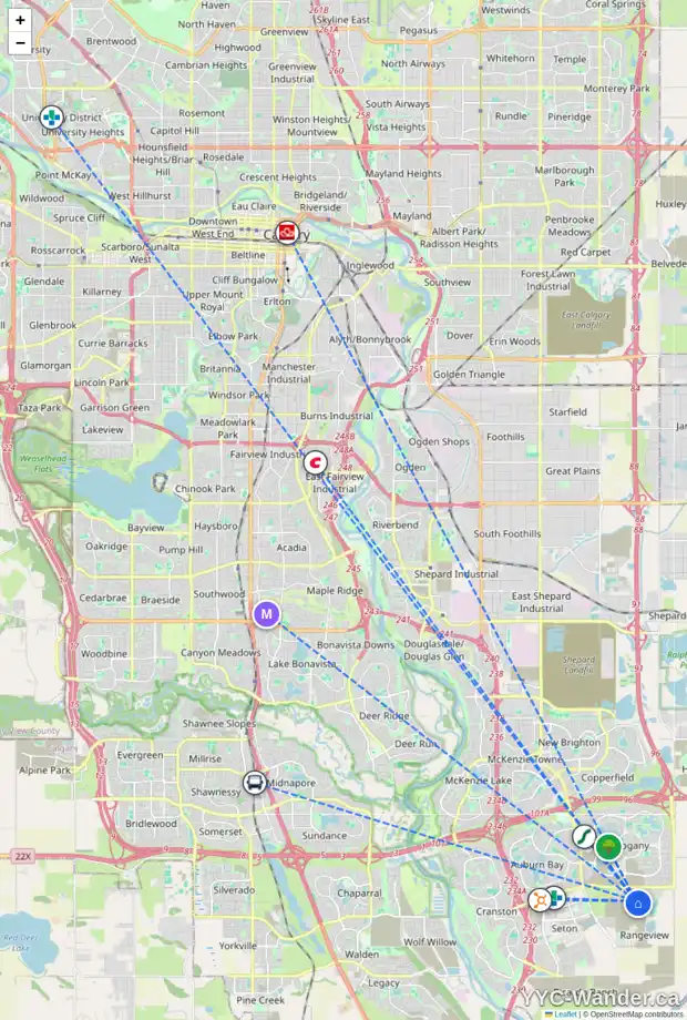 Daily accessibility map for 241 HEIRLOOM WY SE, Calgary showing nearby schools, grocery stores, parks, LRT stations and nearby amenities