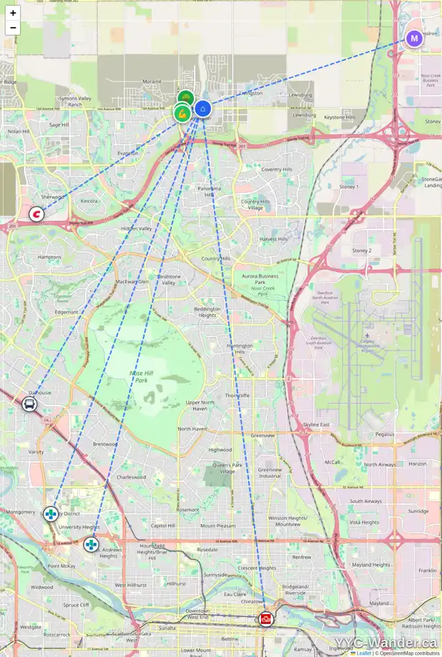 Daily accessibility map for 130 CARRINGFORD CL NW, Calgary showing nearby schools, grocery stores, parks, LRT stations and nearby amenities