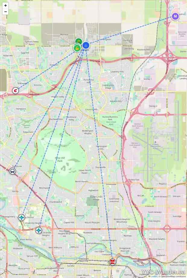 Daily accessibility map for 99 CARRINGFORD CL NW, Calgary showing nearby schools, grocery stores, parks, LRT stations and nearby amenities