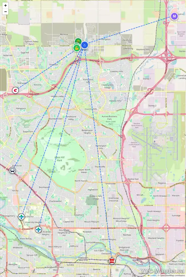Daily accessibility map for 179 CARRINGFORD CL NW, Calgary showing nearby schools, grocery stores, parks, LRT stations and nearby amenities