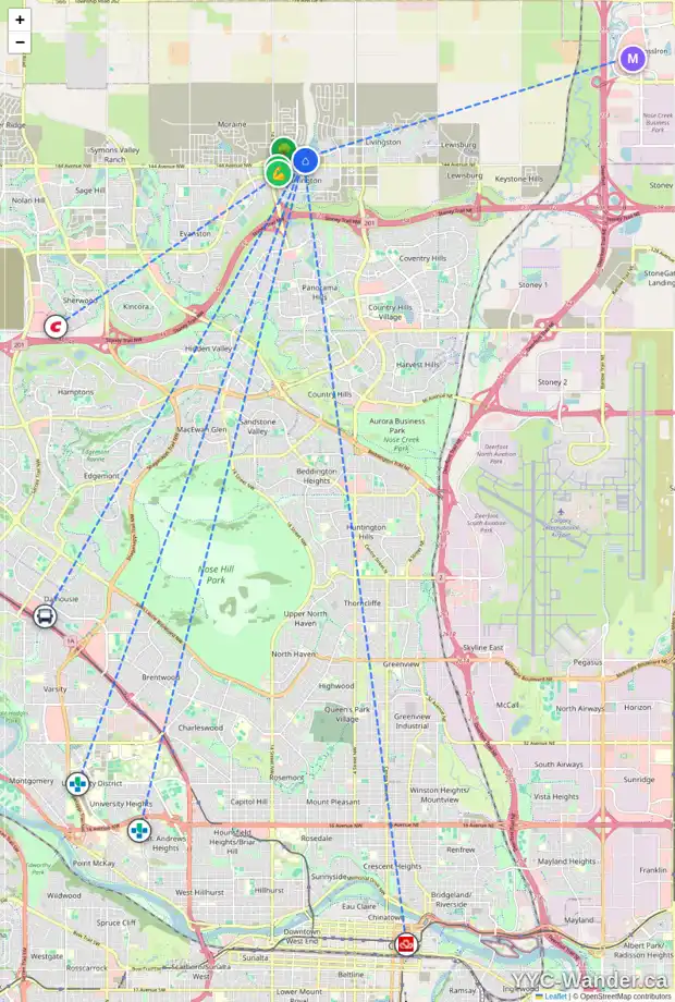 Daily accessibility map for 241 CARRINGFORD CL NW, Calgary showing nearby schools, grocery stores, parks, LRT stations and nearby amenities