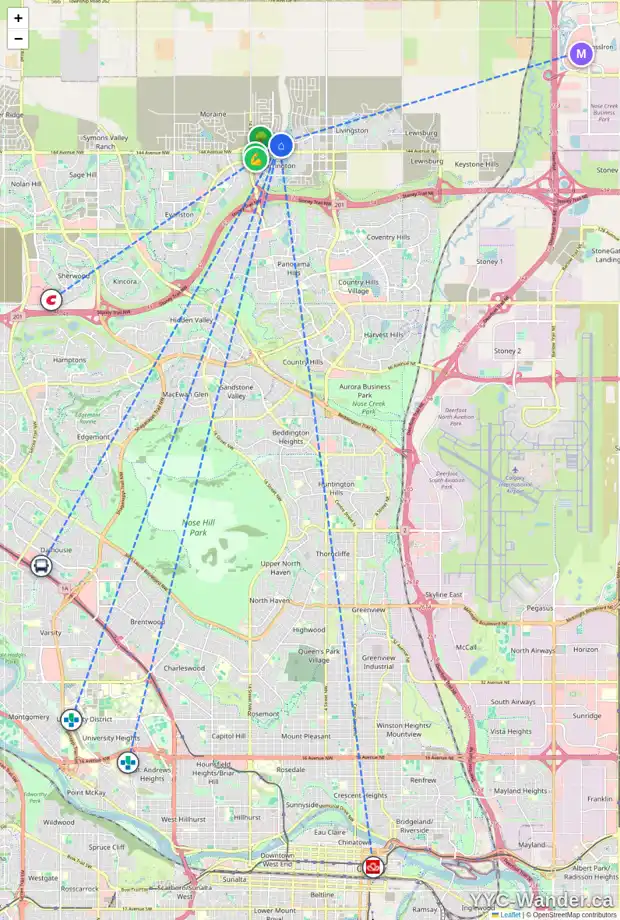 Daily accessibility map for 282 CARRINGFORD CL NW, Calgary showing nearby schools, grocery stores, parks, LRT stations and nearby amenities