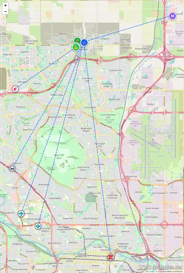 Daily accessibility map for 127 CARRINGFORD RD NW, Calgary showing nearby schools, grocery stores, parks, LRT stations and nearby amenities