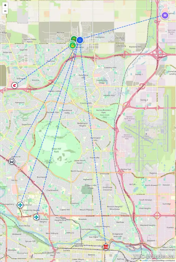 Daily accessibility map for 1015 148 AV NW, Calgary showing nearby schools, grocery stores, parks, LRT stations and nearby amenities
