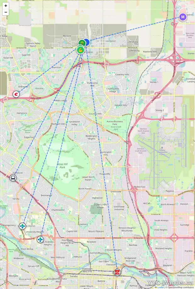 Daily accessibility map for 1908 CARRINGTON BV NW, Calgary showing nearby schools, grocery stores, parks, LRT stations and nearby amenities