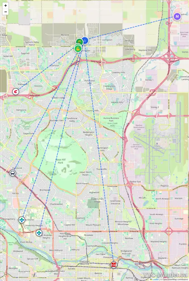 Daily accessibility map for 18 CARRINGFORD WY NW, Calgary showing nearby schools, grocery stores, parks, LRT stations and nearby amenities