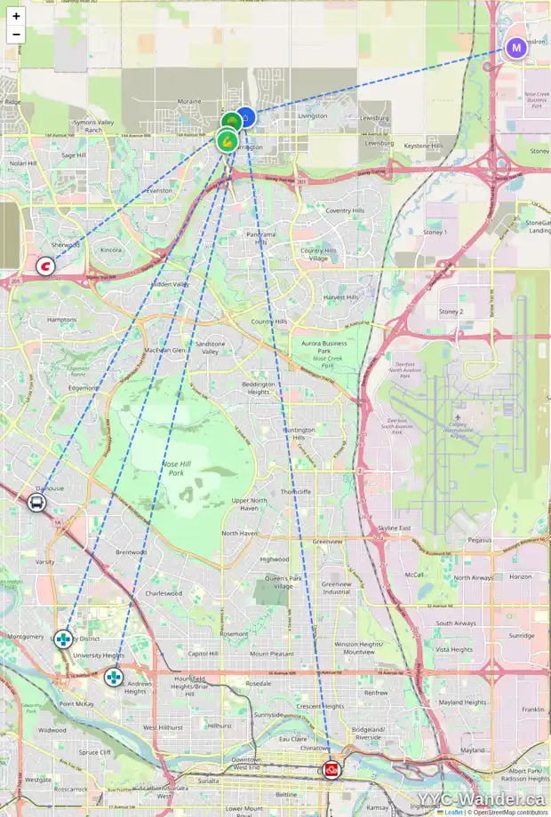 Daily accessibility map for 17 CARRINGFORD WY NW, Calgary showing nearby schools, grocery stores, parks, LRT stations and nearby amenities