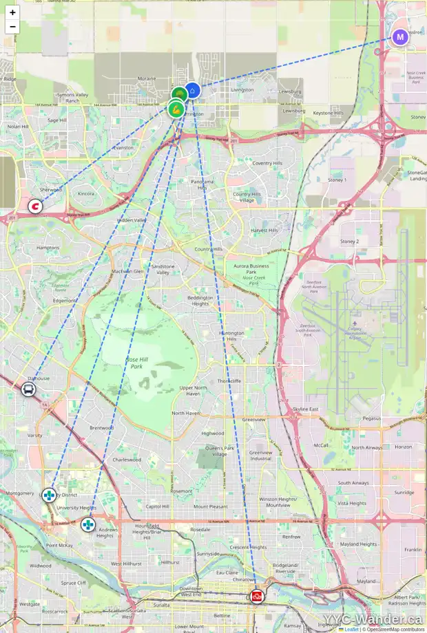 Daily accessibility map for 140 CARRINGFORD VW NW, Calgary showing nearby schools, grocery stores, parks, LRT stations and nearby amenities