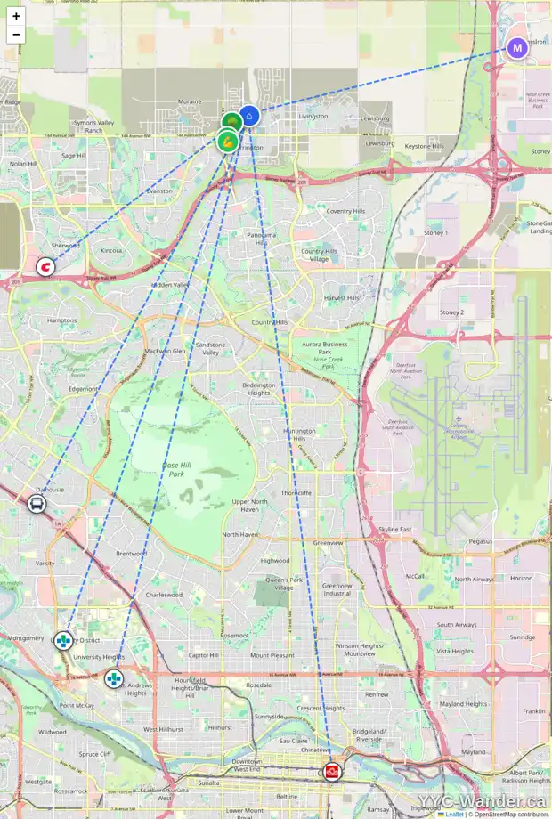Daily accessibility map for 156 CARRINGFORD VW NW, Calgary showing nearby schools, grocery stores, parks, LRT stations and nearby amenities