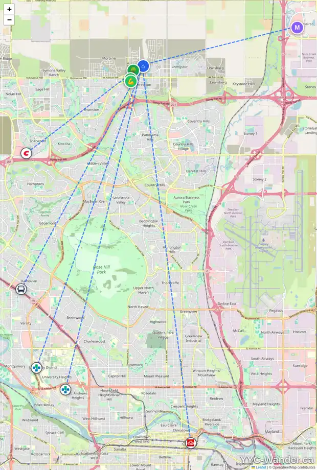 Daily accessibility map for 164 CARRINGFORD VW NW, Calgary showing nearby schools, grocery stores, parks, LRT stations and nearby amenities