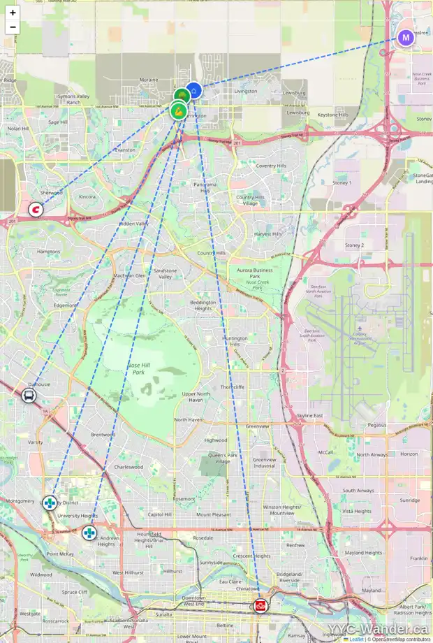Daily accessibility map for 65 CARRINGFORD WY NW, Calgary showing nearby schools, grocery stores, parks, LRT stations and nearby amenities