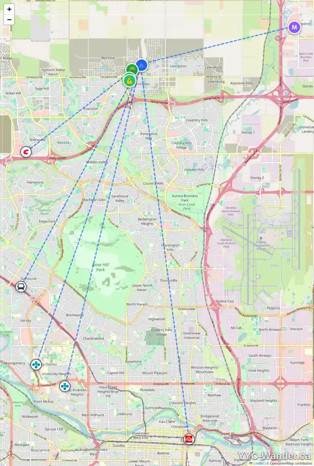 Daily accessibility map for 74 CARRINGFORD WY NW, Calgary showing nearby schools, grocery stores, parks, LRT stations and nearby amenities