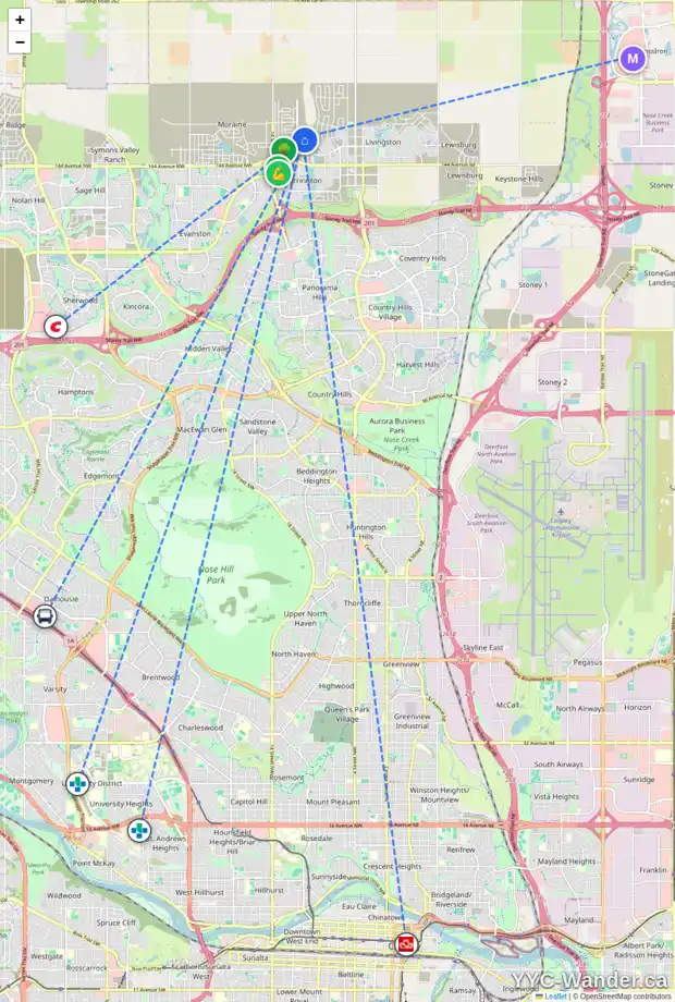 Daily accessibility map for 180 CARRINGFORD VW NW, Calgary showing nearby schools, grocery stores, parks, LRT stations and nearby amenities