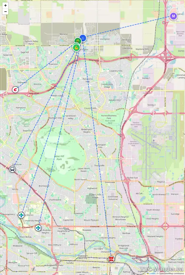Daily accessibility map for 89 CARRINGFORD WY NW, Calgary showing nearby schools, grocery stores, parks, LRT stations and nearby amenities