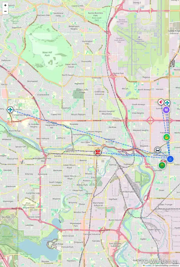 Daily accessibility map for 1318 36 ST SE, Calgary showing nearby schools, grocery stores, parks, LRT stations and nearby amenities