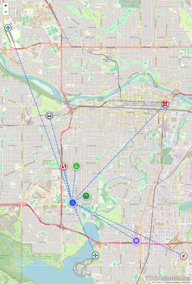 Daily accessibility map for 5012 21 ST SW, Calgary showing nearby schools, grocery stores, parks, LRT stations and nearby amenities
