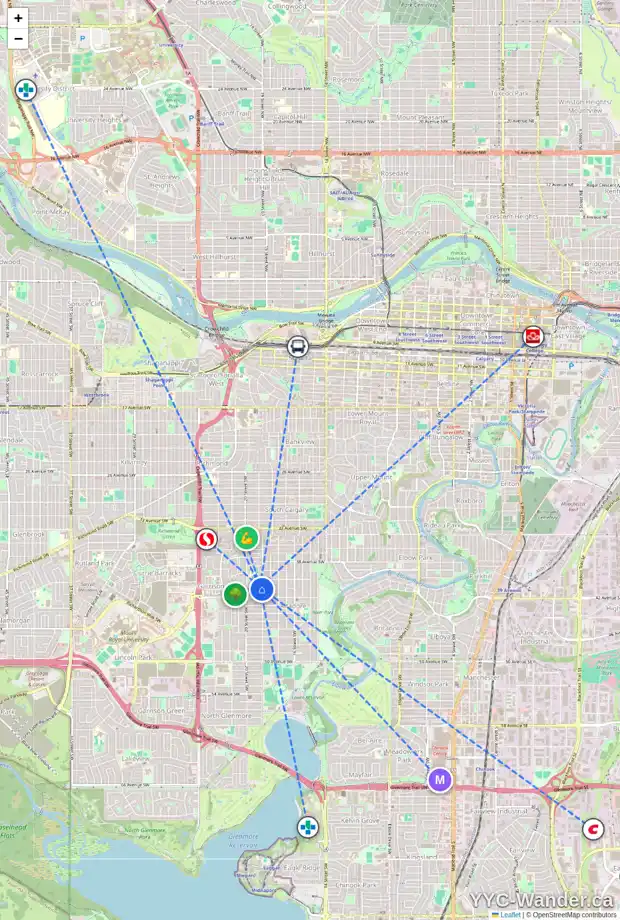 Daily accessibility map for 2010 41 AV SW, Calgary showing nearby schools, grocery stores, parks, LRT stations and nearby amenities