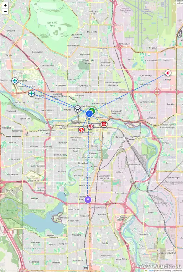 Daily accessibility map for 302F 500 EAU CLAIRE AV SW, Calgary showing nearby schools, grocery stores, parks, LRT stations and nearby amenities