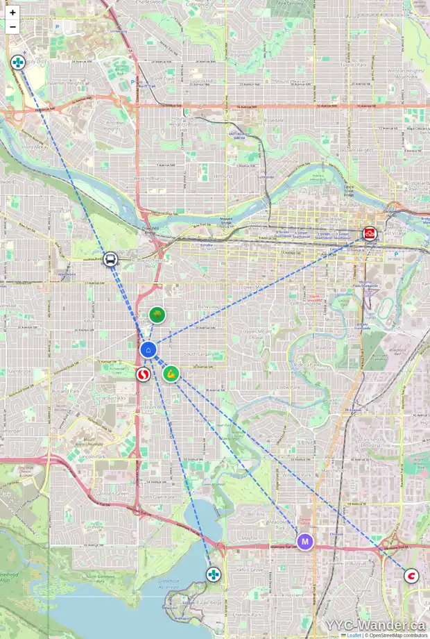 Daily accessibility map for 2422 30 AV SW, Calgary showing nearby schools, grocery stores, parks, LRT stations and nearby amenities