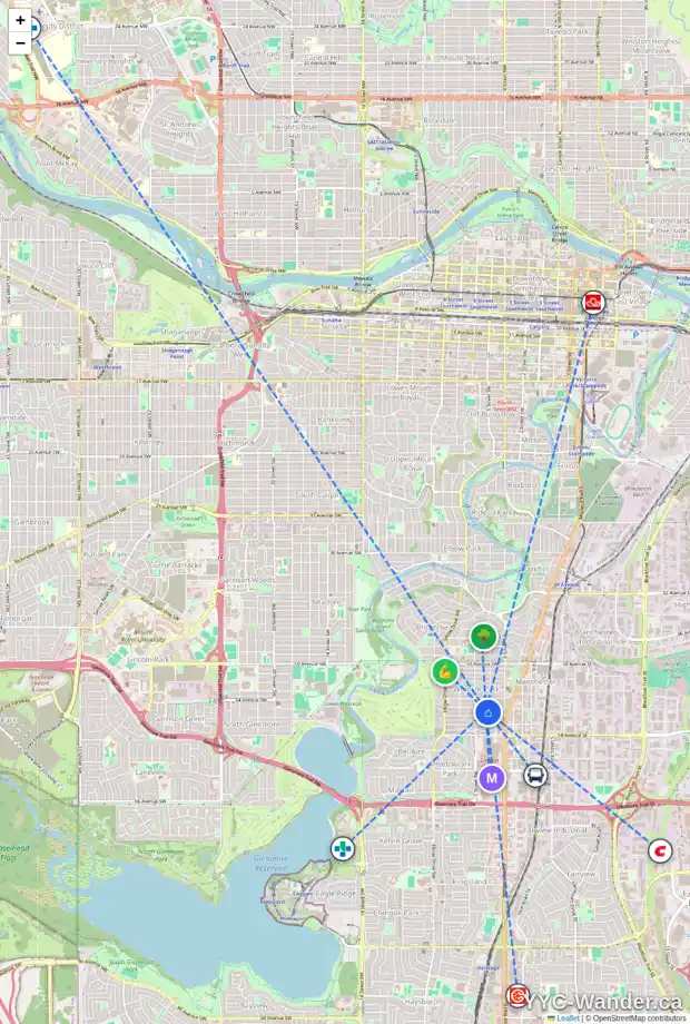 Daily accessibility map for 511 55 AV SW, Calgary showing nearby schools, grocery stores, parks, LRT stations and nearby amenities