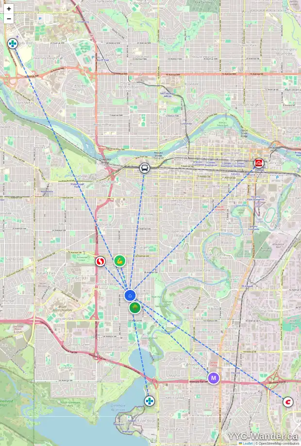 Daily accessibility map for 1937 43 AV SW, Calgary showing nearby schools, grocery stores, parks, LRT stations and nearby amenities