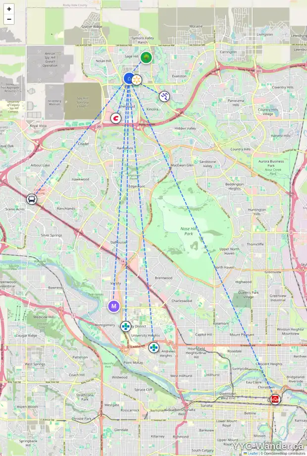 Daily accessibility map for 204 20 SAGE HILL WK NW, Calgary showing nearby schools, grocery stores, parks, LRT stations and nearby amenities