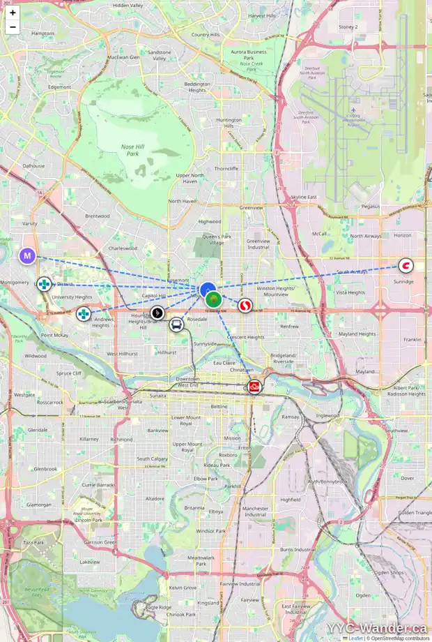 Daily accessibility map for 727 23 AV NW, Calgary showing nearby schools, grocery stores, parks, LRT stations and nearby amenities