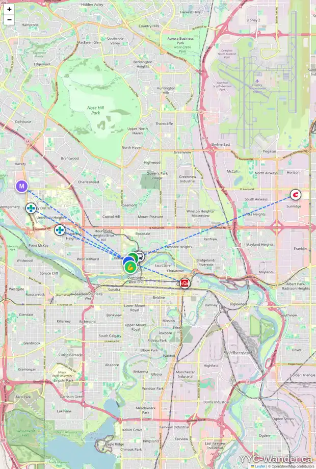 Daily accessibility map for 318 12 ST NW, Calgary showing nearby schools, grocery stores, parks, LRT stations and nearby amenities