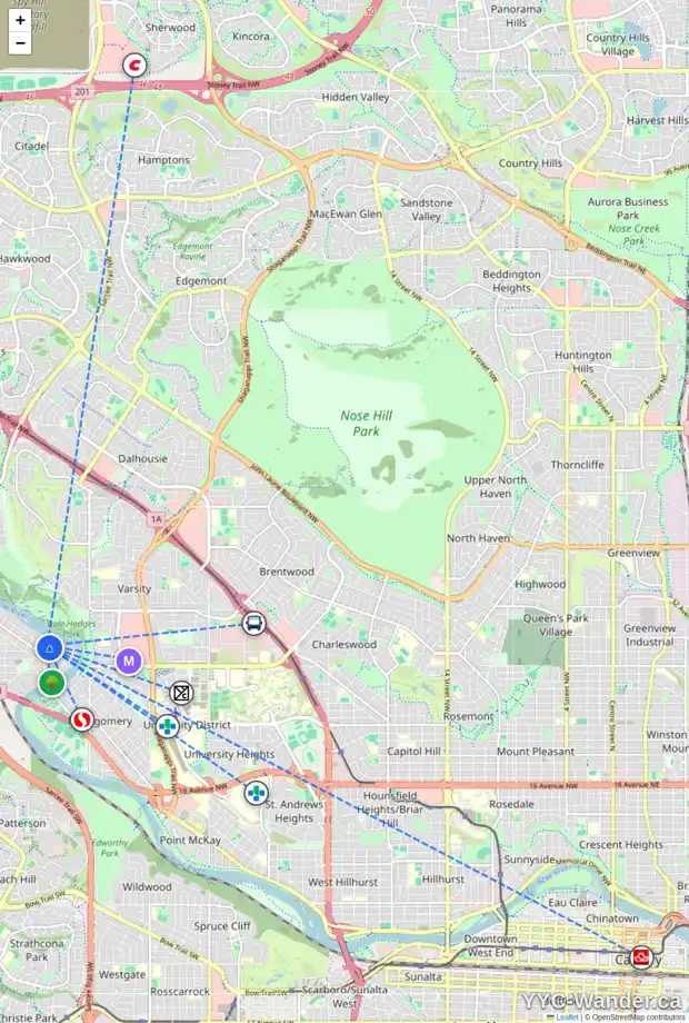 Daily accessibility map for 6043 BOW CR NW, Calgary showing nearby schools, grocery stores, parks, LRT stations and nearby amenities