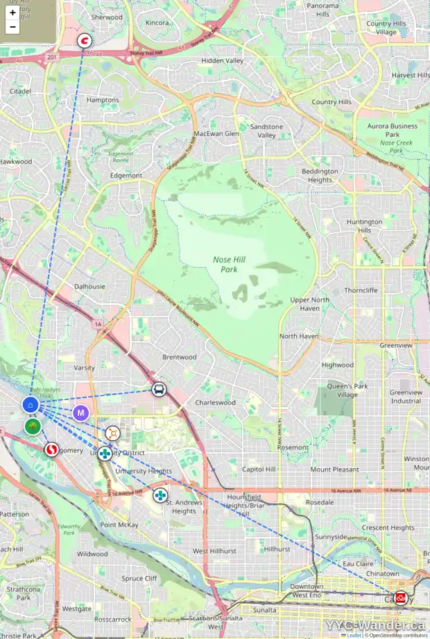 Daily accessibility map for 6047 BOW CR NW, Calgary showing nearby schools, grocery stores, parks, LRT stations and nearby amenities