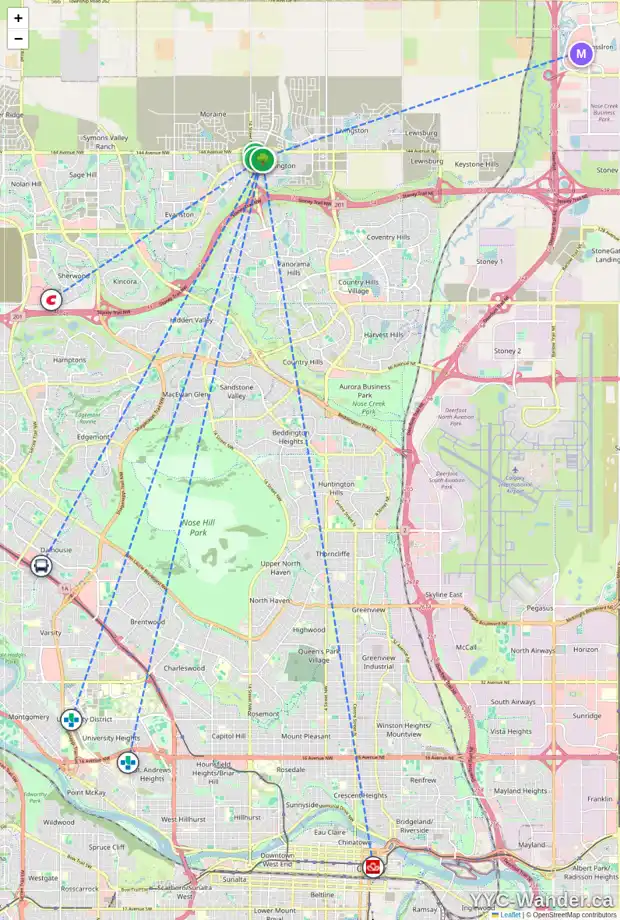 Daily accessibility map for 108 80 CARRINGTON PZ NW, Calgary showing nearby schools, grocery stores, parks, LRT stations and nearby amenities