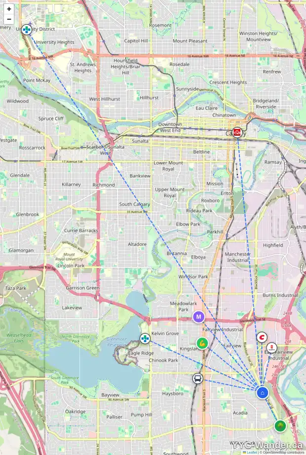Daily accessibility map for 812 ALDERWOOD PL SE, Calgary showing nearby schools, grocery stores, parks, LRT stations and nearby amenities