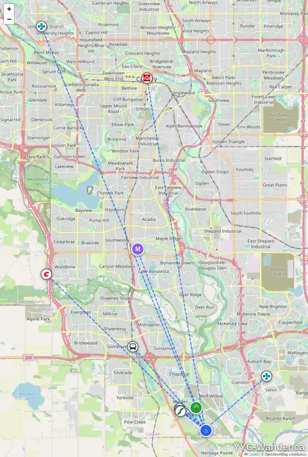 Daily accessibility map for 405 LEGACY CI SE, Calgary showing nearby schools, grocery stores, parks, LRT stations and nearby amenities