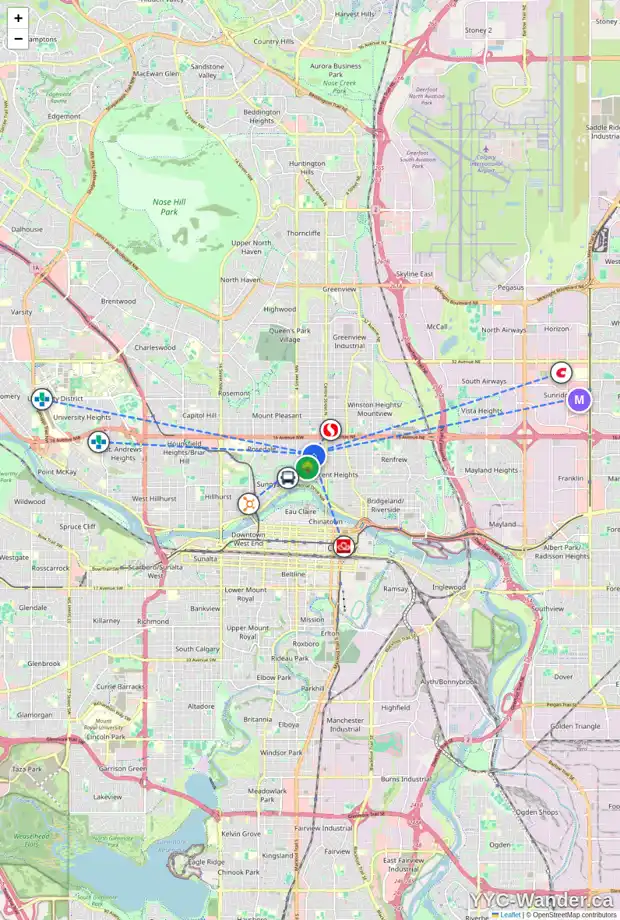 Daily accessibility map for 230 12 AV NW, Calgary showing nearby schools, grocery stores, parks, LRT stations and nearby amenities