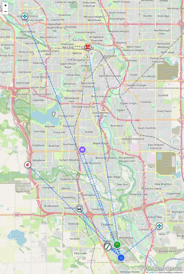 Daily accessibility map for 360 LEGACY CI SE, Calgary showing nearby schools, grocery stores, parks, LRT stations and nearby amenities