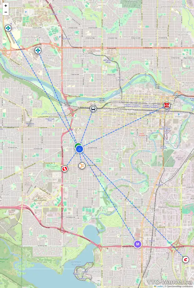 Daily accessibility map for 2021 26 AV SW, Calgary showing nearby schools, grocery stores, parks, LRT stations and nearby amenities