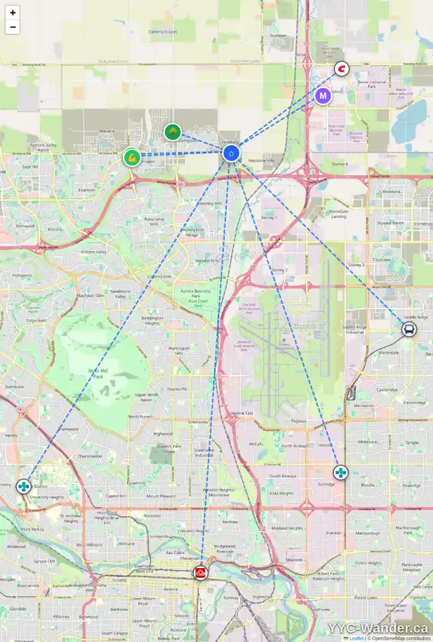 Daily accessibility map for 18 LEWISTON WY NE, Calgary showing nearby schools, grocery stores, parks, LRT stations and nearby amenities