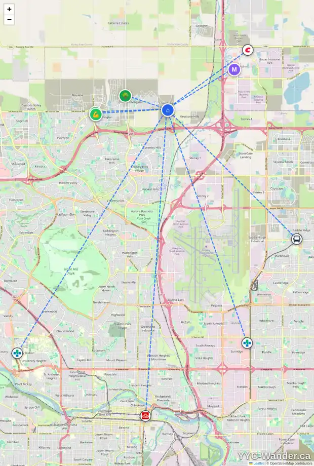 Daily accessibility map for 46 LEWISTON WY NE, Calgary showing nearby schools, grocery stores, parks, LRT stations and nearby amenities