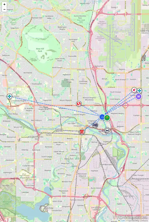 Daily accessibility map for 1306 PHAIR AV NE, Calgary showing nearby schools, grocery stores, parks, LRT stations and nearby amenities