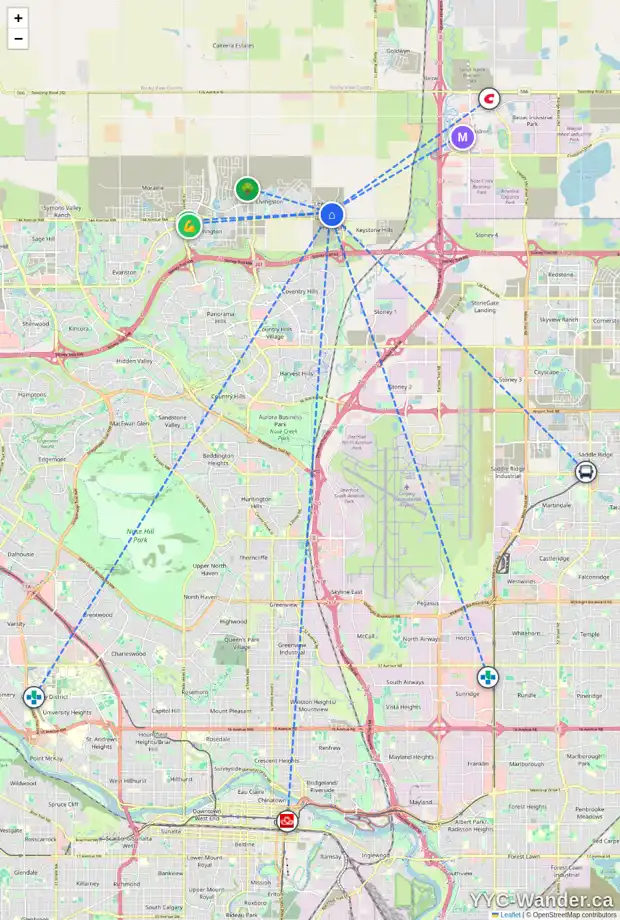 Daily accessibility map for 86 LEWISTON WY NE, Calgary showing nearby schools, grocery stores, parks, LRT stations and nearby amenities