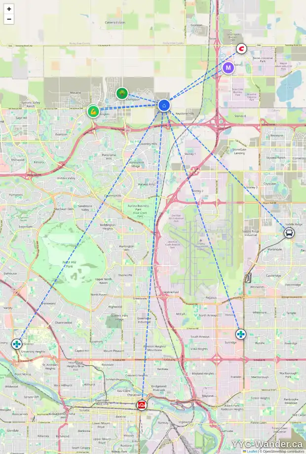 Daily accessibility map for 106 LEWISTON WY NE, Calgary showing nearby schools, grocery stores, parks, LRT stations and nearby amenities