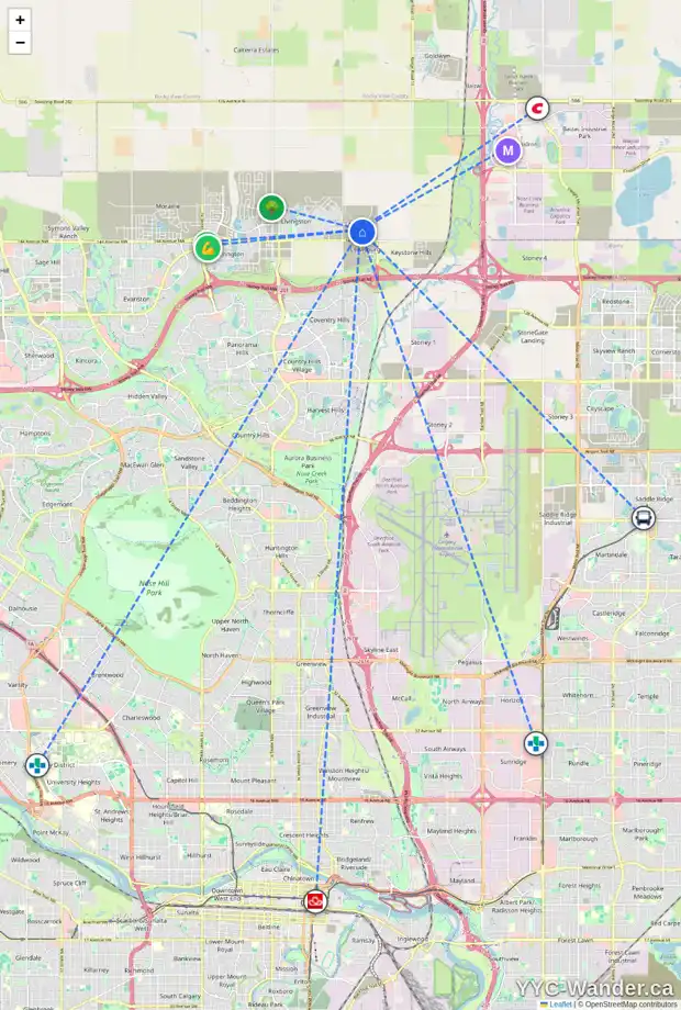 Daily accessibility map for 223 LEWISTON DR NE, Calgary showing nearby schools, grocery stores, parks, LRT stations and nearby amenities