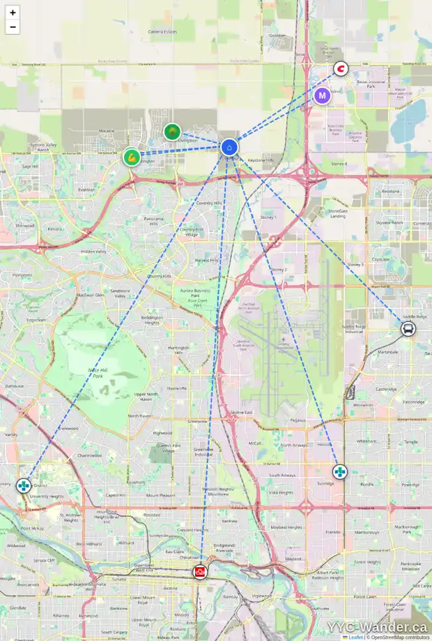 Daily accessibility map for 215 LEWISTON DR NE, Calgary showing nearby schools, grocery stores, parks, LRT stations and nearby amenities