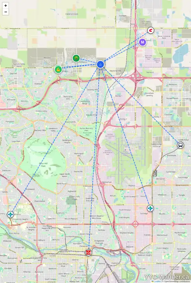 Daily accessibility map for 151 LEWISTON DR NE, Calgary showing nearby schools, grocery stores, parks, LRT stations and nearby amenities