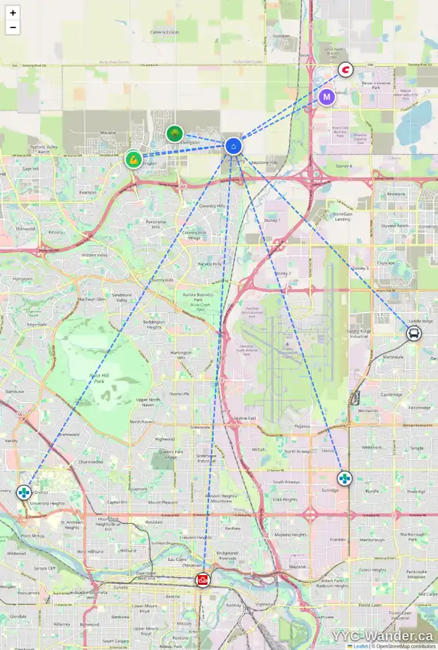 Daily accessibility map for 67 LEWISTON VW NE, Calgary showing nearby schools, grocery stores, parks, LRT stations and nearby amenities