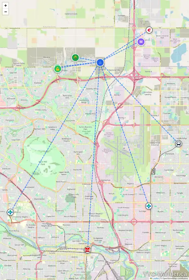 Daily accessibility map for 31 LEWISTON VW NE, Calgary showing nearby schools, grocery stores, parks, LRT stations and nearby amenities