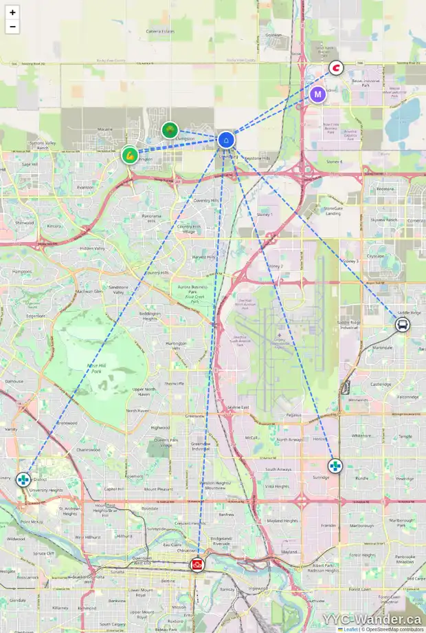 Daily accessibility map for 32 LEWISTON VW NE, Calgary showing nearby schools, grocery stores, parks, LRT stations and nearby amenities