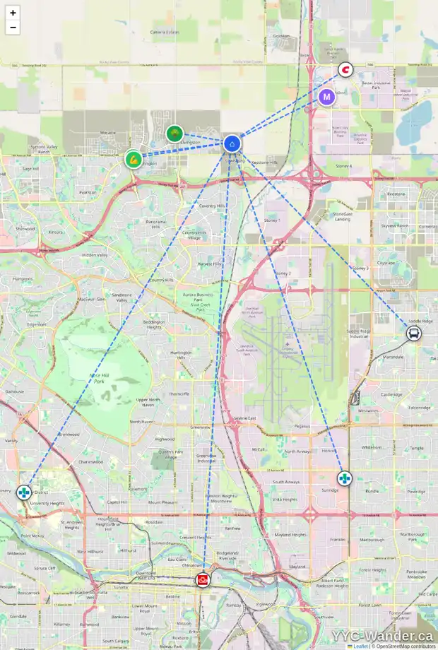 Daily accessibility map for 24 LEWISTON VW NE, Calgary showing nearby schools, grocery stores, parks, LRT stations and nearby amenities