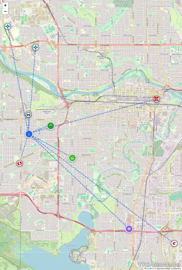 Daily accessibility map for 2422 34 ST SW, Calgary showing nearby schools, grocery stores, parks, LRT stations and nearby amenities