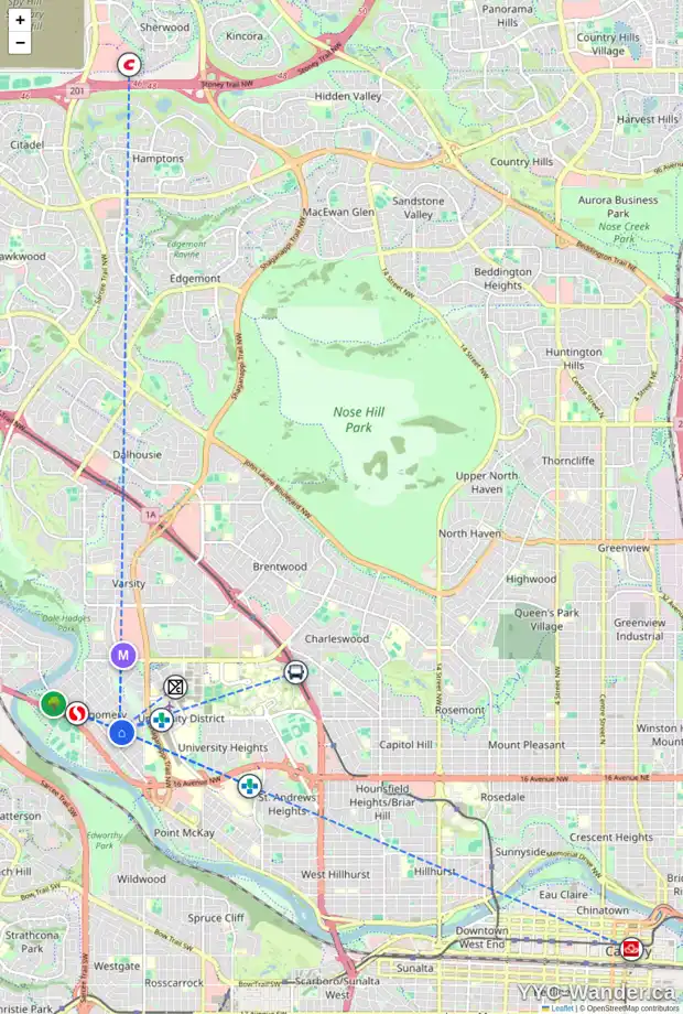 Daily accessibility map for 4613 20 AV NW, Calgary showing nearby schools, grocery stores, parks, LRT stations and nearby amenities